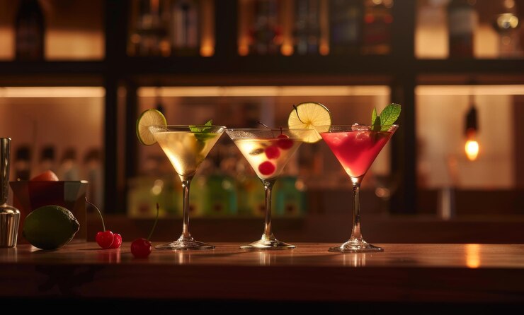 Tři Martini, každý s jiným barevným nápojem a ozdobou, jako je třešeň nebo plátek limetky