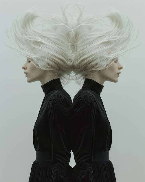 two elegant profiles with flowing white hair facing outward against a soft gray background evoking a sense of duality and harmony