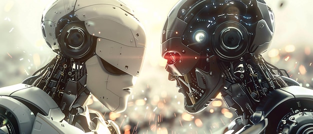 Two futuristic robots facing off in a scifi battle scene