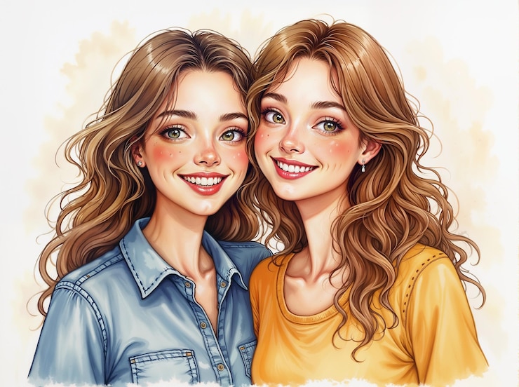 Fotografie two happy young women with makeup on face portrait of two beautiful girls with bright makeup watercolor illustration