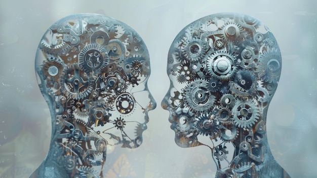 Two human heads made of mechanical gears facing each other conceptual digital art