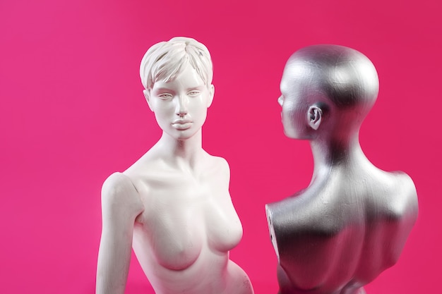 two mannequins on a pink wall. fashion and design.