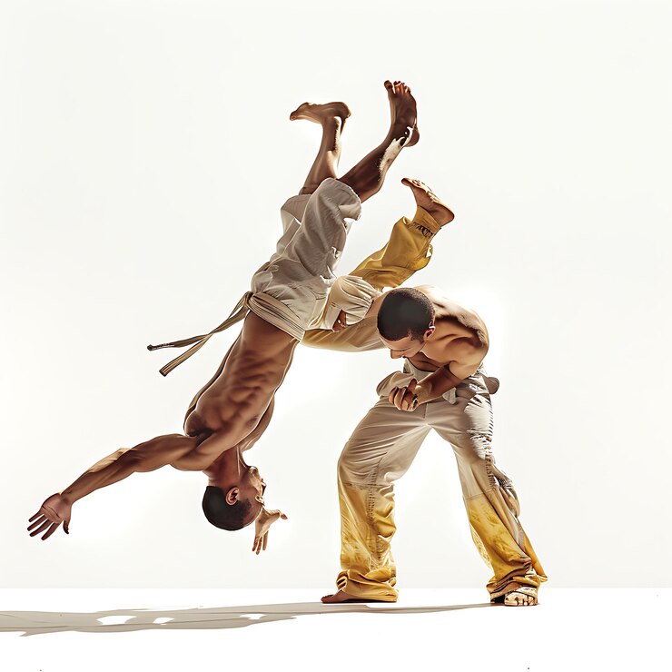 Fotografie two men in traditional clothing performing a dynamic capoeira move