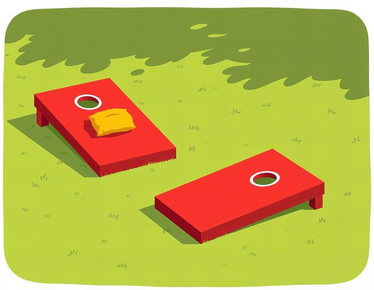 Fotografie two red cornhole boards with a yellow beanbag on a green lawn