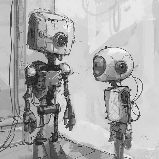 two robots in a futuristic dreamlike scenario