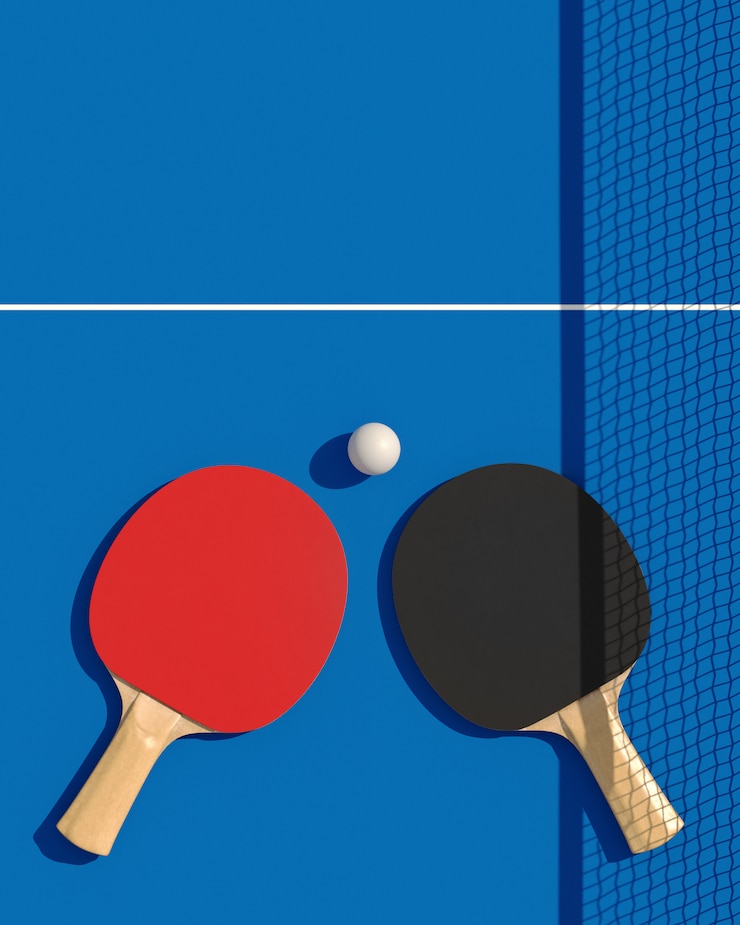 Fotografie two table tennis or ping pong rackets and ball on a table with net 3d illustration. poster disgn.