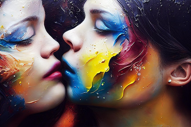 two women kissing bathed in oil painting, digital illustration 3d lgbt