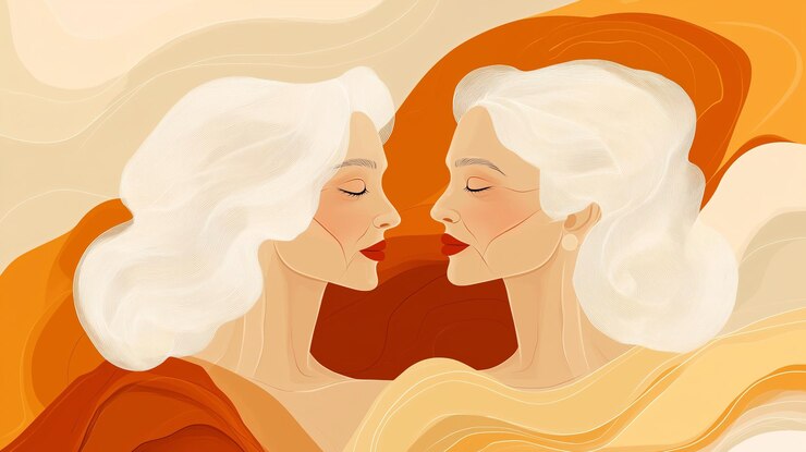 Fotografie two women with white hair and closed eyes facing each other in a minimalist style