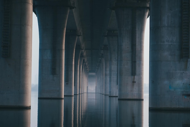 underneath view of bridge over river in city