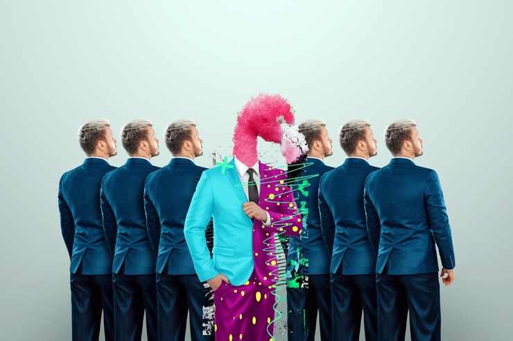 Fotografie uniqueness creative background, among the crowd of businessmen multicolored freak flamingo. competitive advantage, standing out from the crowd, thinking outside the box, a leader.