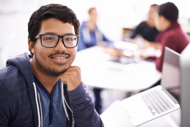 university glasses and portrait of man with laptop for research study or opportunity for education computer knowledge and face of happy college student with online course pride and confidence