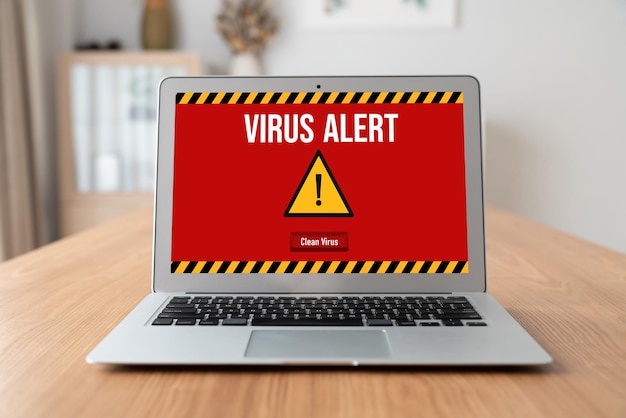 Upozornění na virus na obrazovce počítače detekovalo moderní kybernetickou hrozbu, hackerský počítačový virus a malware