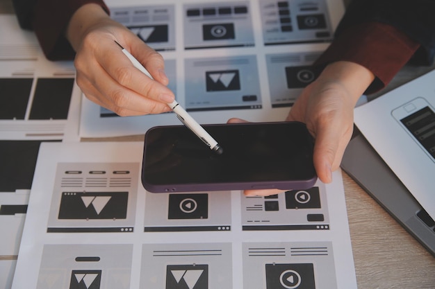 UX UI design process for modish mobile application and website Creative prototype of wireframe for professional app developer