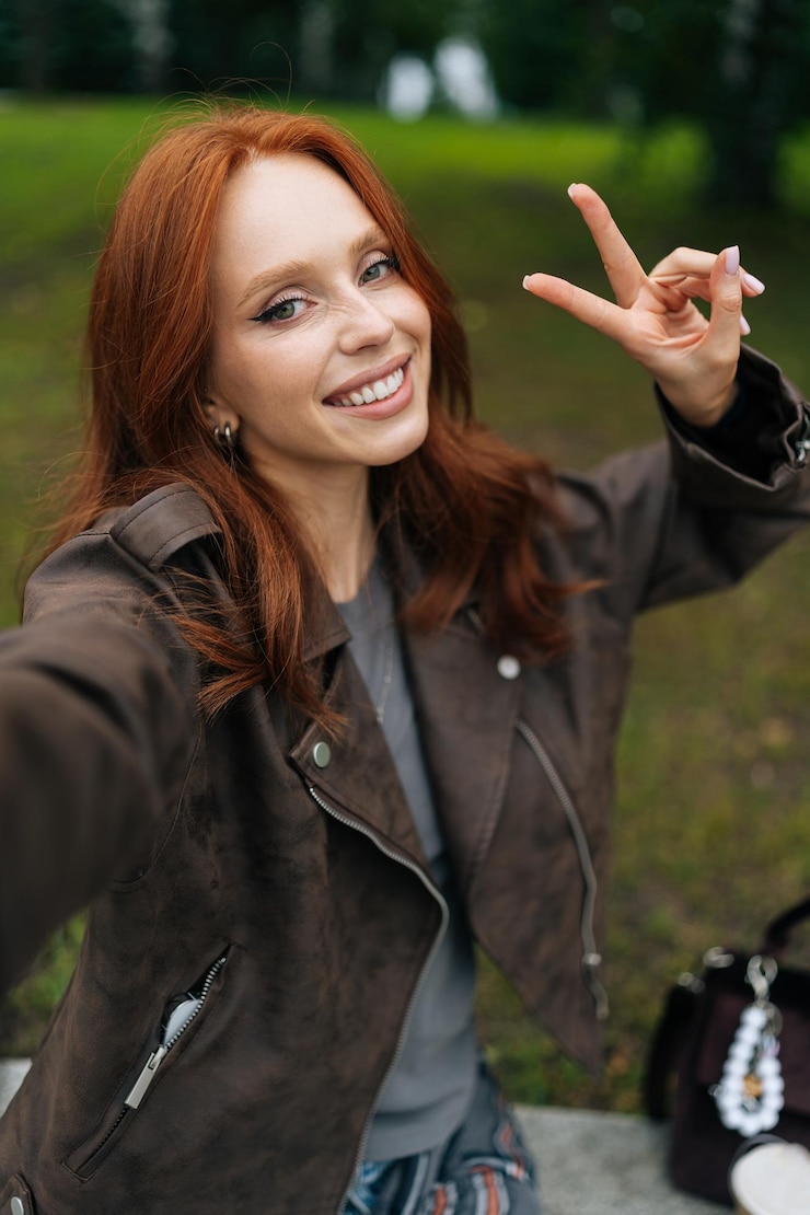 Fotografie vertical portrait of positive young woman with long red hair smiling happily looking at camera