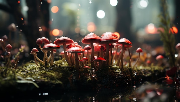 Vibrant autumn foliage wet forest floor and slimy toadstool generated by artificial intellingence