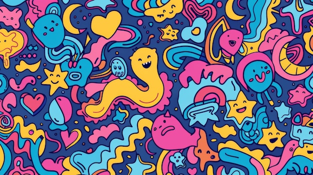 Vibrant Doodle Artwork with Cartoon Motifs