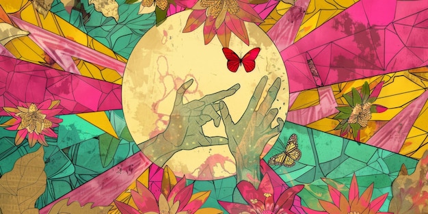 Vibrant Geometric Silhouette Hands with Butterflies