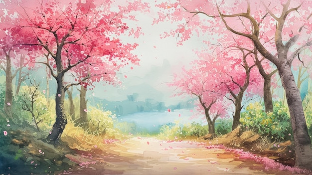 vintage watercolor painting of Cherry Blossom Pathway
