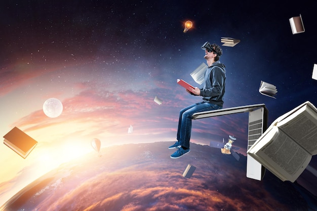 virtual reality experience, young man in vr glasses. mixed media