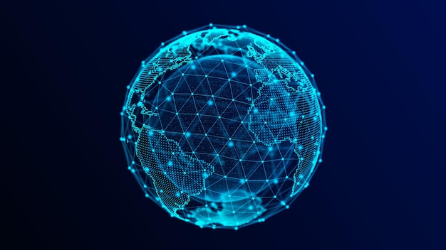 Virtuální planeta Země s částicemi a liniemi. Síťové připojení, velká data. Abstraktní technologie, modré pozadí. 3D renderování.