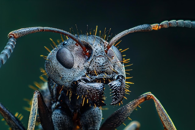 visual presenting detailed closeup portrait of ant on dark green background