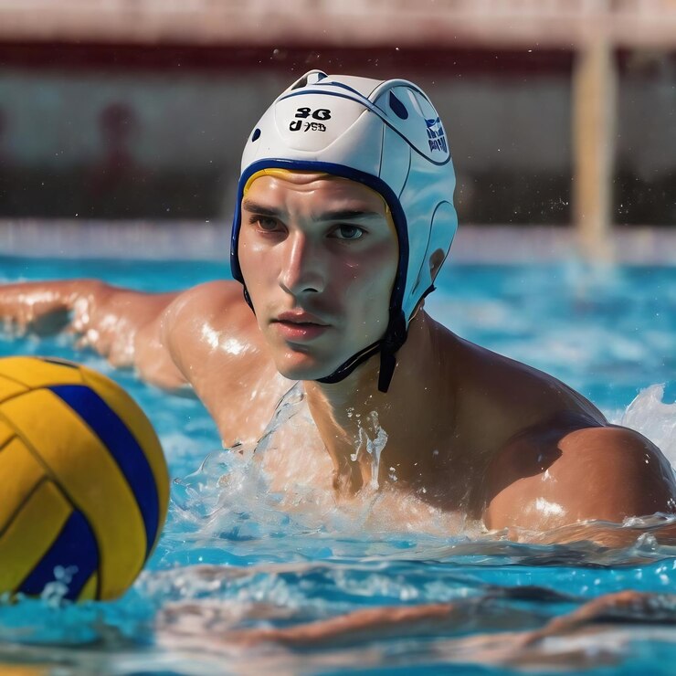 Fotografie water polo training young sportsman plays water polo in the pool