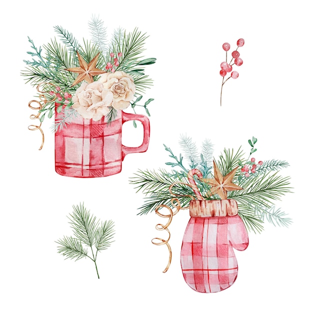 Watercolor Christmas compositions set with winter greenery