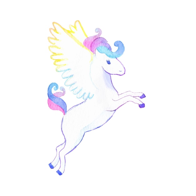 Watercolor hand painted cute pegasus flying gracefully