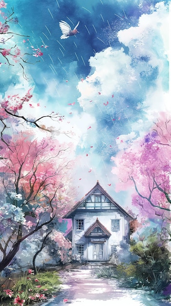 Watercolor illustration of spring white house in landscape birds flying