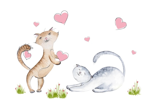 Watercolor illustration with cute cats of different colors with hearts and grass bushes watercolor illustration of cats for textile design cards etc