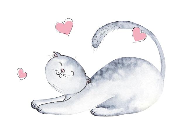 Watercolor illustration with cute cats of different colors with hearts and grass bushes watercolor illustration of cats for textile design cards etc