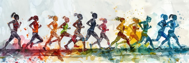 Watercolor painting of many female athletes running on the road