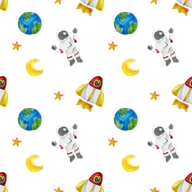 Watercolor painting seamless pattern concept of space astronaut star moon planet