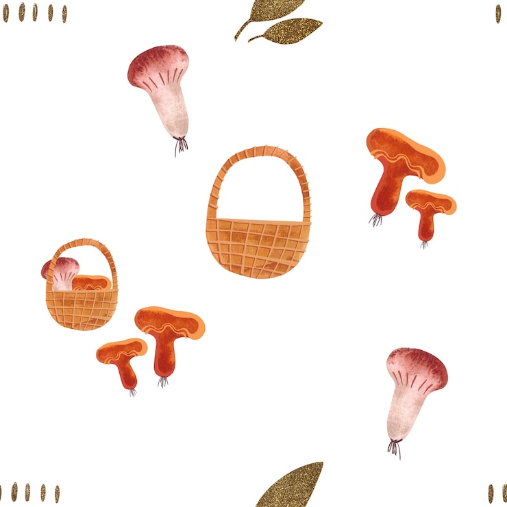 Fotografie watercolor seamless patern with autumn mushrooms and baskets seasonal wrapping paper fall raster illustration for packaging wallapers wrapping paper textile
