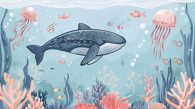 watercolor style illustration background landscape ocean where whales penguins fish and dolphins are