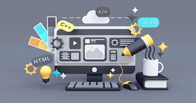web designing concept in black background 3d render