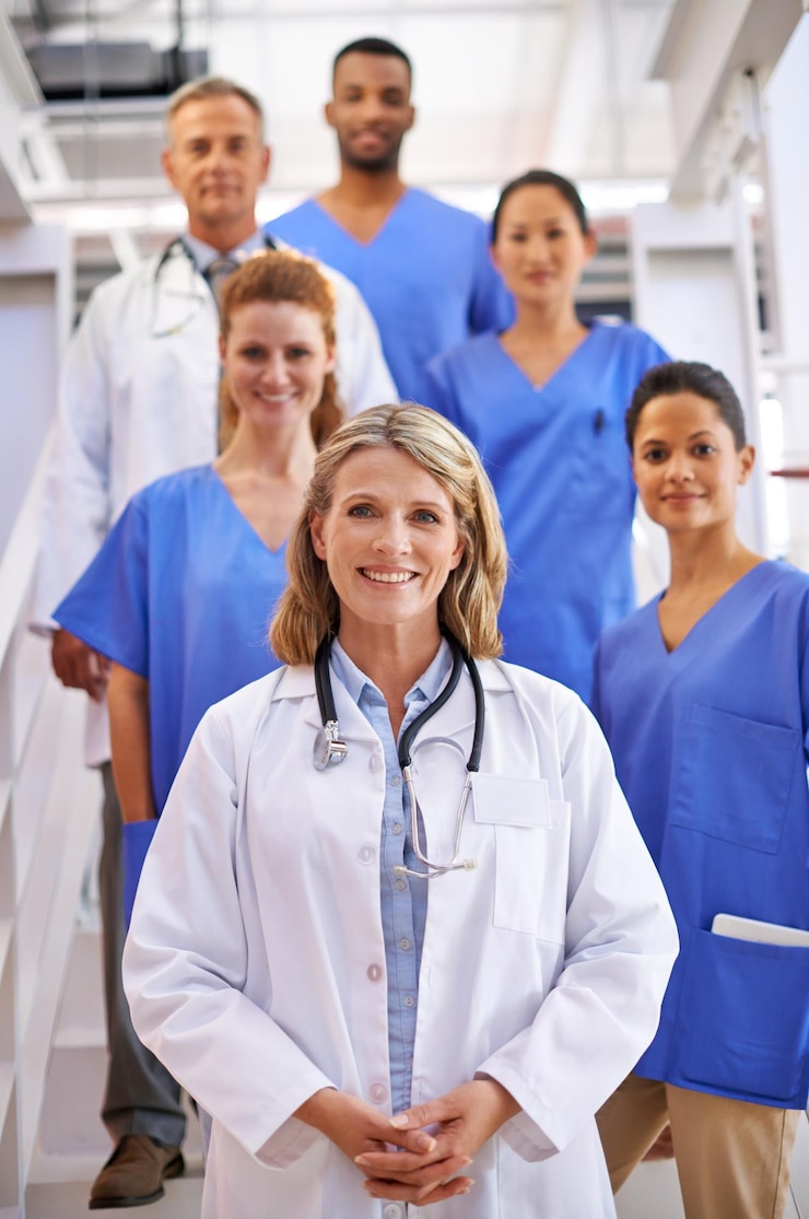 Fotografie were here to take care of you portrait of a diverse team of medical professionals standing on a staircase in a hospital