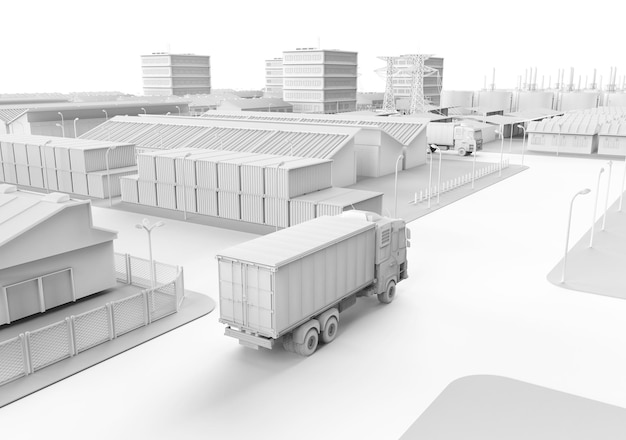 White logistic trailer truck or lorry model in industrial estate for smart logistic or white industrial