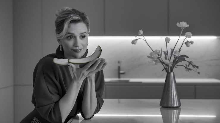 Fotografie woman holding a slice of cucumber