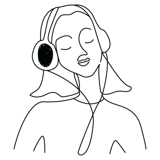 Woman line art png listening to music transparent background