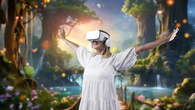 Woman looking by vr in forest bokeh snowfall steam fantasy night contraption