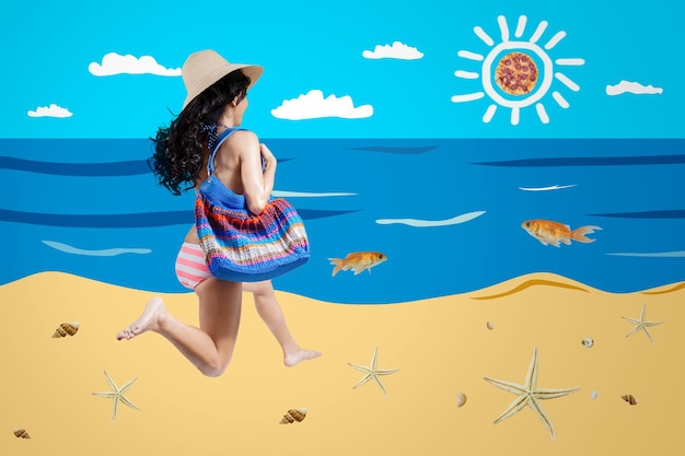 woman on vacation running on beach collage cutout design