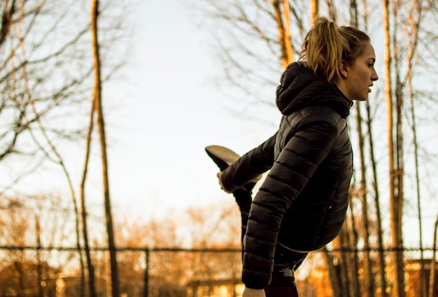 woman stretching outdoors