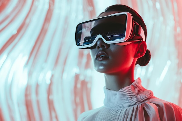 Woman wearing a sleek virtual reality headset surrounded by neon red and blue lights