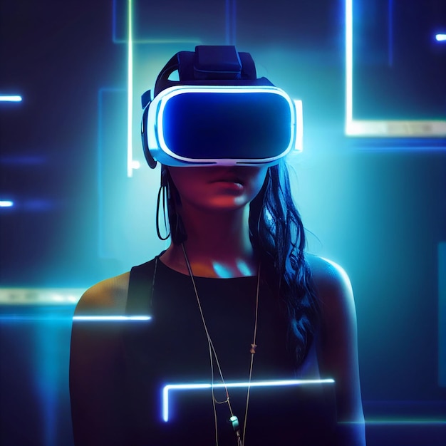 Woman wearing virtual reality vr headset portrait