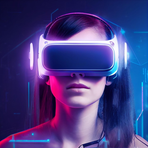 Woman wearing virtual reality vr headset portrait