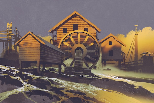 wooden house with a waterwheel on mountain rock at sunset,illustration painting
