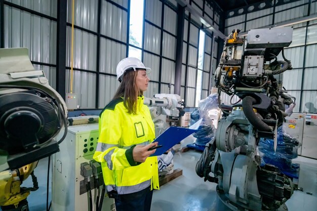 worker inspects robotic machinery in modern industrial facility during daylight hours