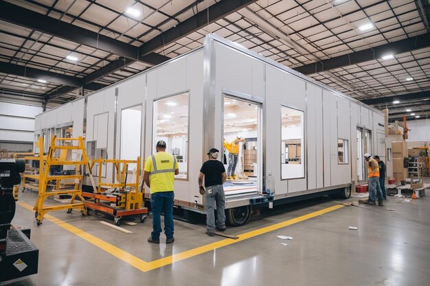 Workers assembling a modular data enter
