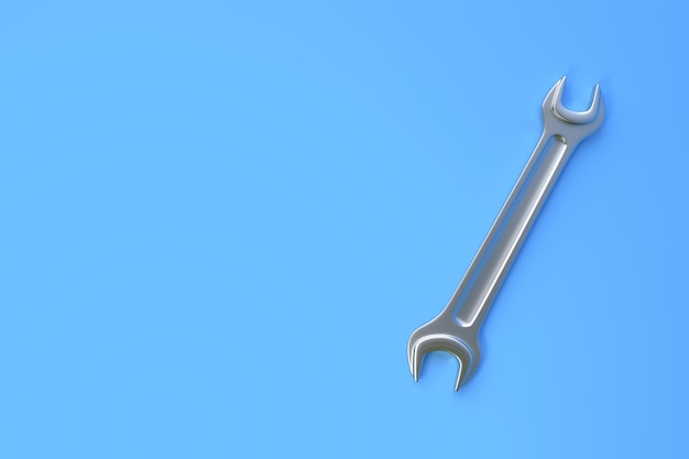 wrench on a blue background top view with copy space minimal creative concept 3d render illustration